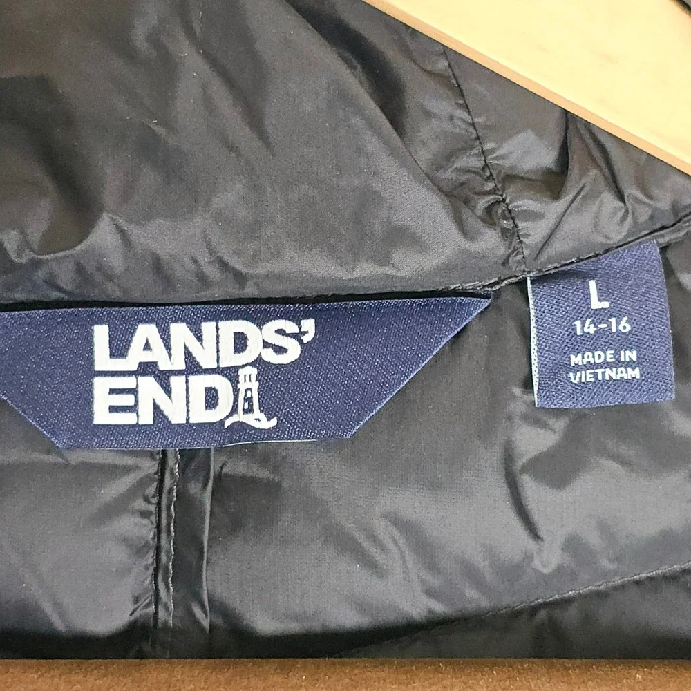 Lands End Kids Black Down Puffer Jacket Hooded Quilted Coat L 14-16 518697